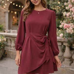 Lulus Romantic Maroon Red Faux Wrap Mini Dress Long Sleeve Sz M Valentines Date